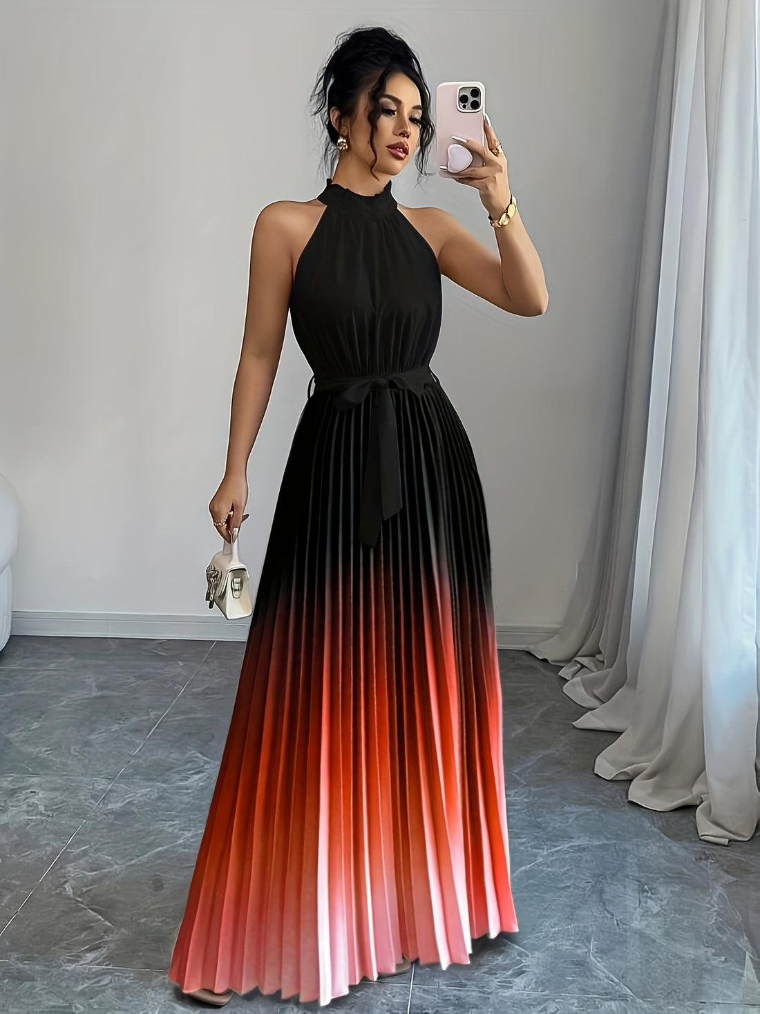 Esme Ombre Ruffle Neck A-Line Maxi Dress
