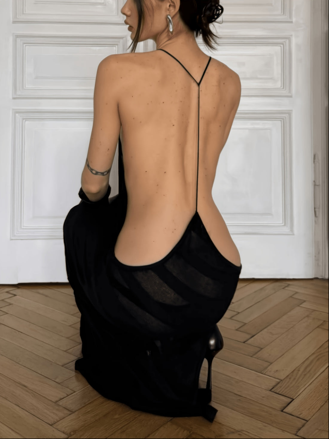 Ariana Sheer Mesh Side-Slit Backless Bodycon Dress