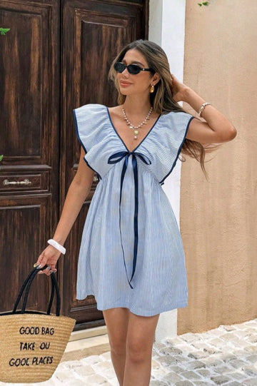 Beatrice Striped Ruffle V-Neck Mini Dress